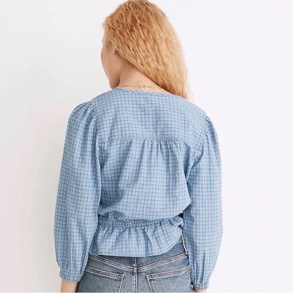 Madewell Chambray Puff-Sleeve Peplum Top in Windowpane - Picture 2 of 5